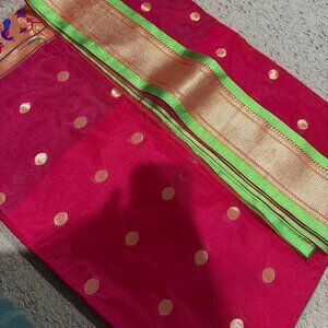 Red Paithani Silk Saree | Gold Zari Polka Butta & Border | Party wear